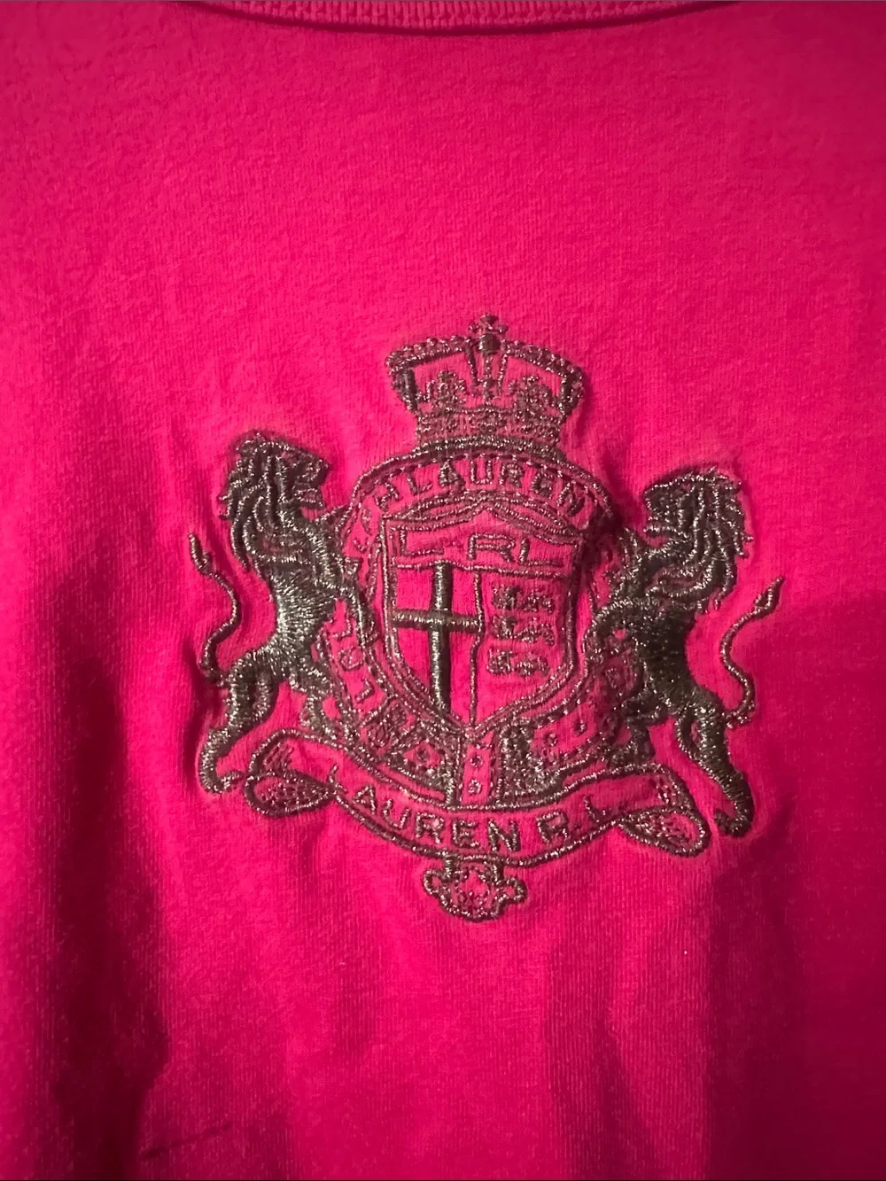 LRL Lauren Active Womens LS Top Pink W/embroidered Gold Crest Logo Cotton Sz L